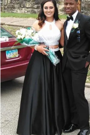 Two Pieces White Top Black Skirt Beading A-line Wedding Prom Dresses PFP1144