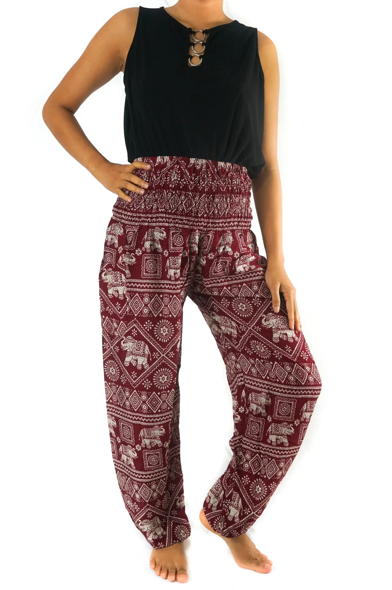 Unisex Bohemian Elephant Diamond Print Harem Pants- Burgundy
