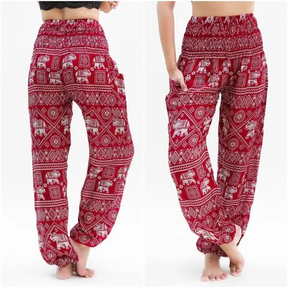 Unisex Bohemian Elephant Diamond Print Harem Pants- Burgundy