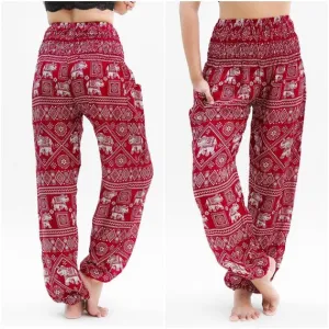 Unisex Bohemian Elephant Diamond Print Harem Pants- Burgundy