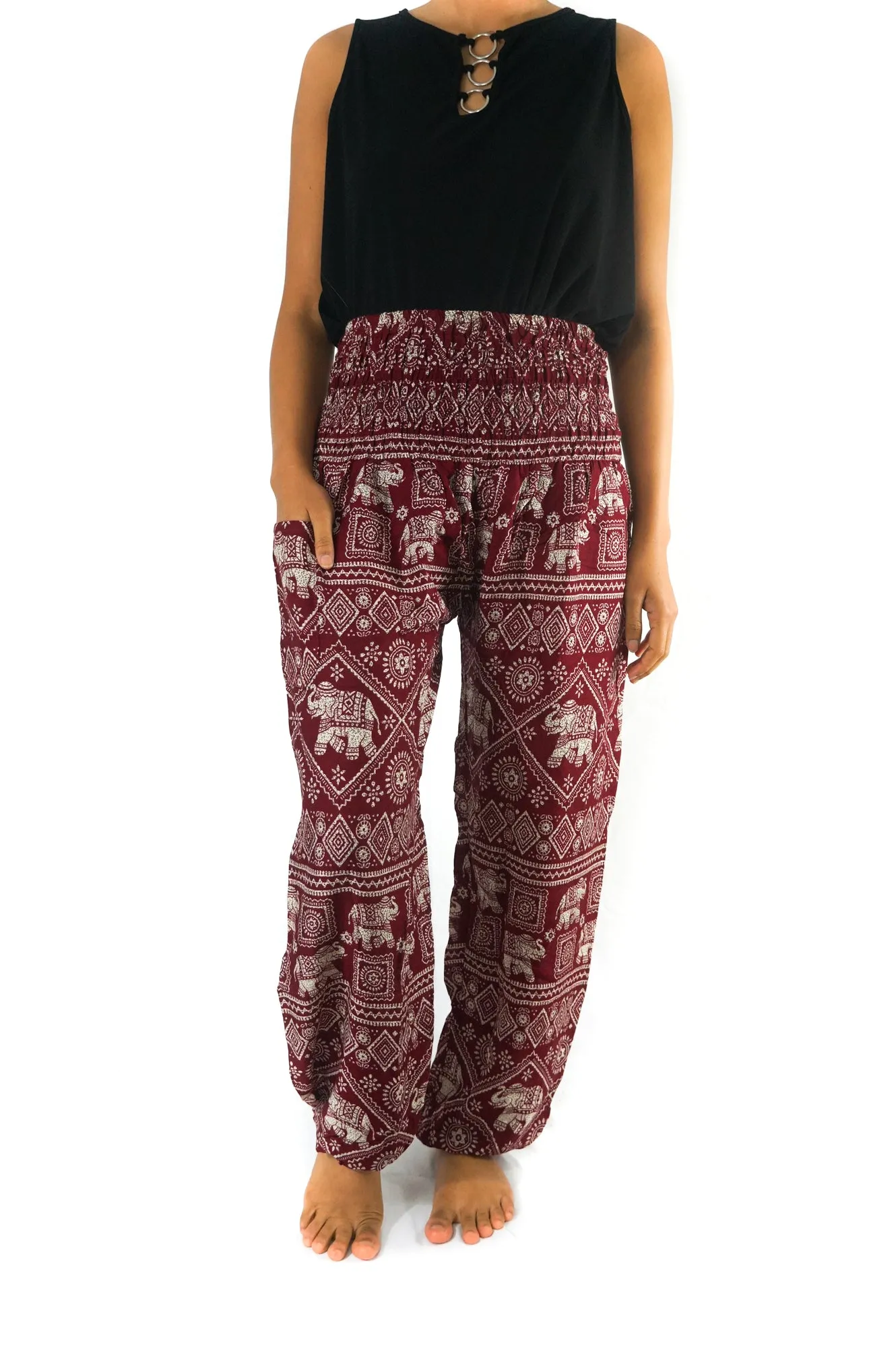 Unisex Bohemian Elephant Diamond Print Harem Pants- Burgundy
