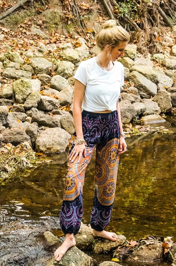 Unisex Bohemian Mandala Psychedelic Harem Pants- Purple Multi