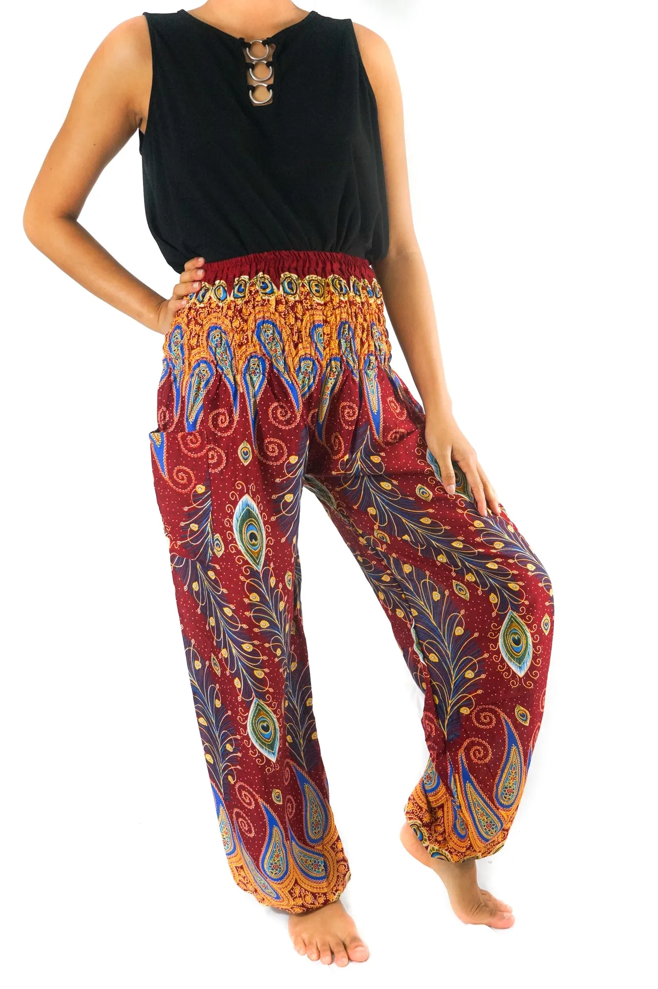 Unisex Bohemian Peacock Feather Paisley Harem Pants- Burgundy Multi