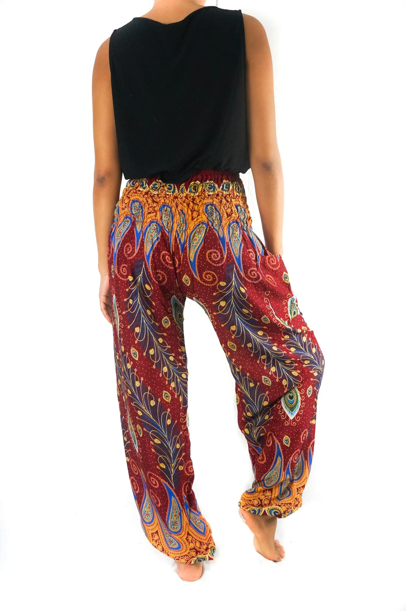 Unisex Bohemian Peacock Feather Paisley Harem Pants- Burgundy Multi