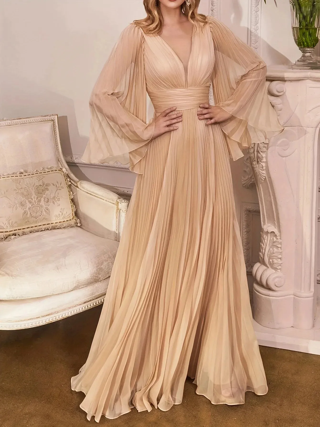 V-Neck Elegant Pleated Evening Dress