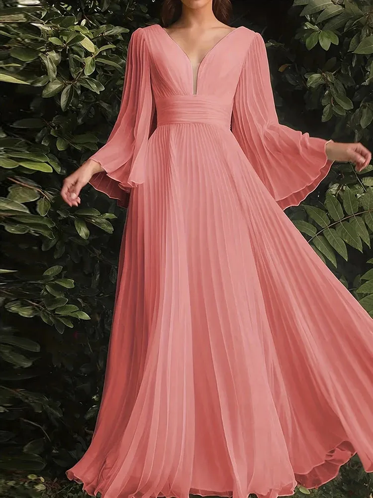 V-Neck Elegant Pleated Evening Dress