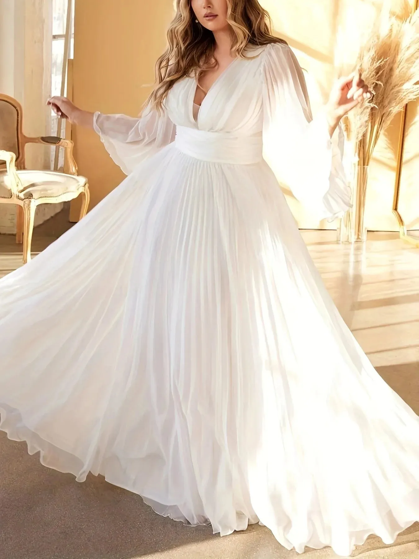 V-Neck Elegant Pleated Evening Dress