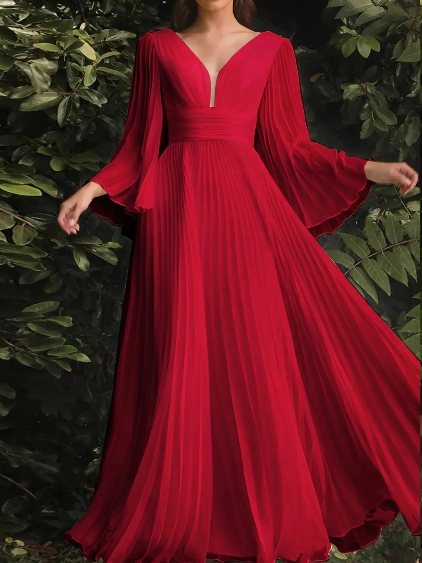 V-Neck Elegant Pleated Evening Dress