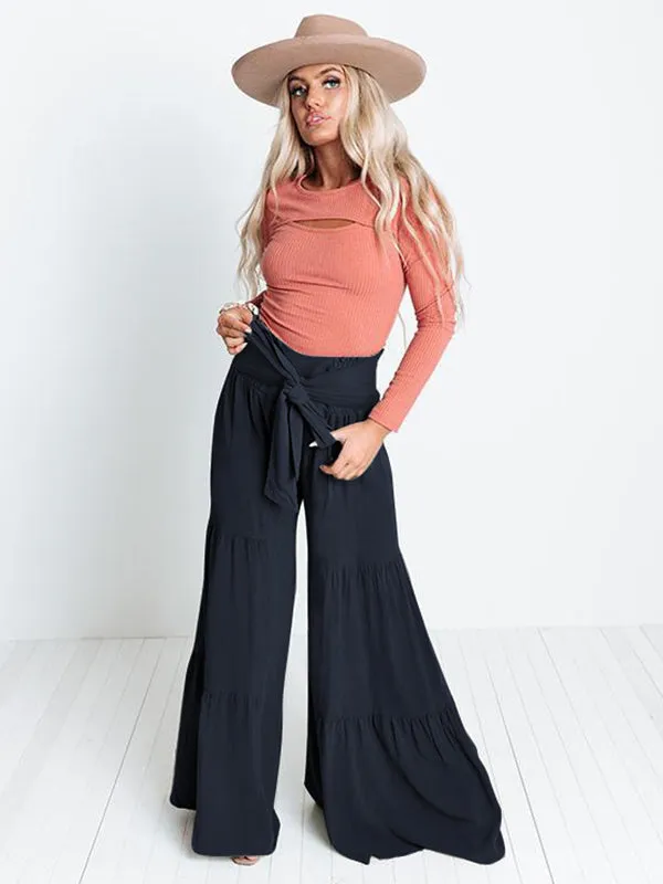 xakxx 11 Colors Simple High Waisted Solid Color Casual Wide Leg Pants